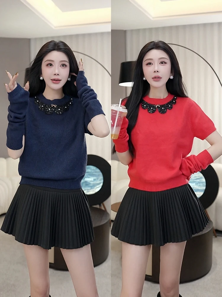 

LADIES FIRST Heavyweight round Ne Knitted Sweater with Sve Covers Jewelry Beading Women's Faion Autumn Winter Base irt