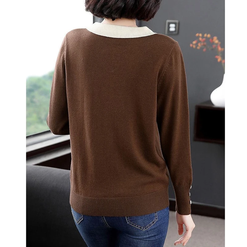 Women Korean Fashion Patchwork Elegant Knitted Sweater Autumn Winter Long Sleeve Loose Pullover Tops Casual Jumper Ropa De Mujer
