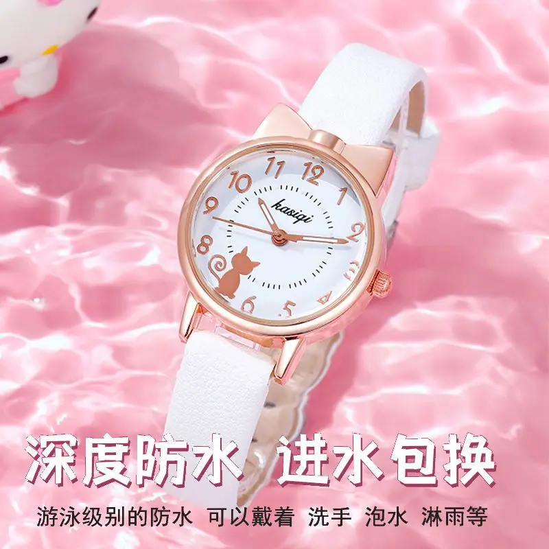 Children's Watch Girl Junior High School Primary Korean Edition Cute Girl Cat Cartoon Pointer Quartz Glow Clock Christmas Gift