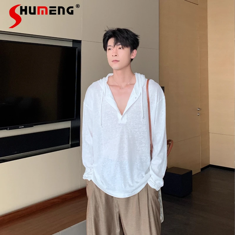 

Men's 2025 Autumn New Thin Simple Sweatshirts Men's Pullover Chic Hoodies Male Trendy Long Sleeve Solid Color Loose Comfort Tops
