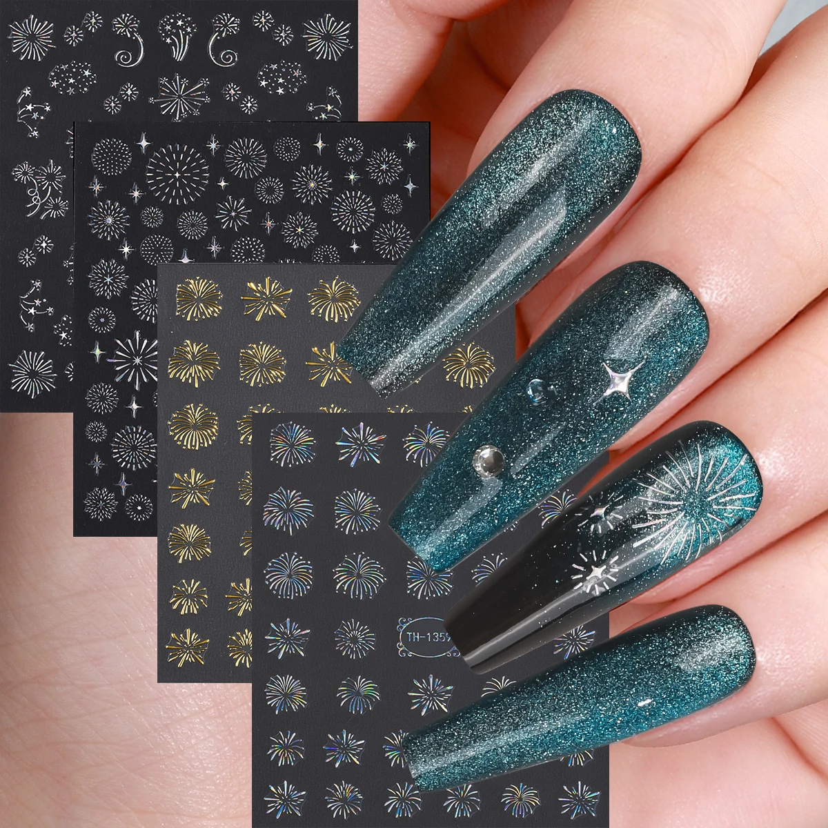 3D Bronzing Laser Fireworks Nail Art Sticker Gold Silvery Y2K Stars Self Adhesive Decals New Year Manicure DIY Decorations