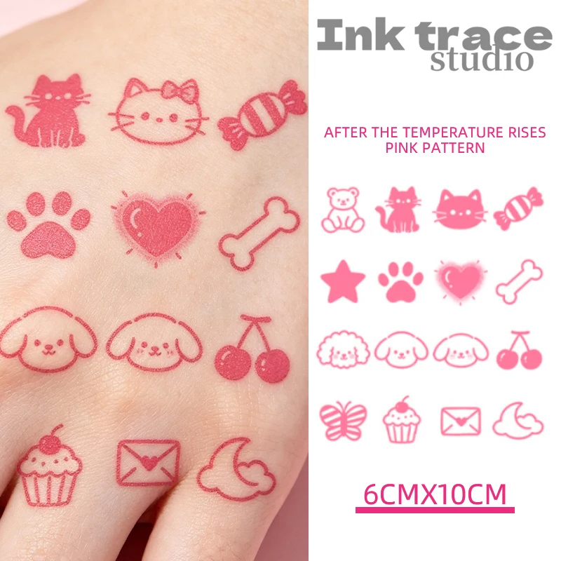 Cute Cartoon Animal Color-Changing Temporary Tattoos—Waterproof black-to-pink cat, dog, paw print, heart, candy, and cake-themed