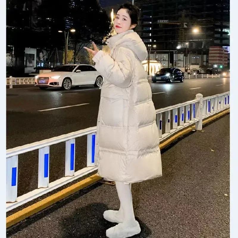 المرأة الشتاء لون نقي أسفل سترة فضفاضة سميكة معطف أبيض بطة أسفل معطف الملابس منتصف طول نسخة مقنعين أبلى