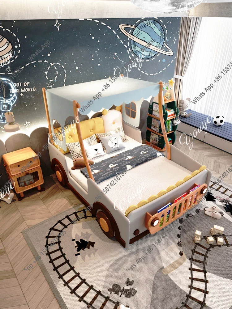 N63 Children's Car Bed Boys And Girls With Guardrail Solid Wood Treehouse Tent Bed Bedroom Single Bed Leather