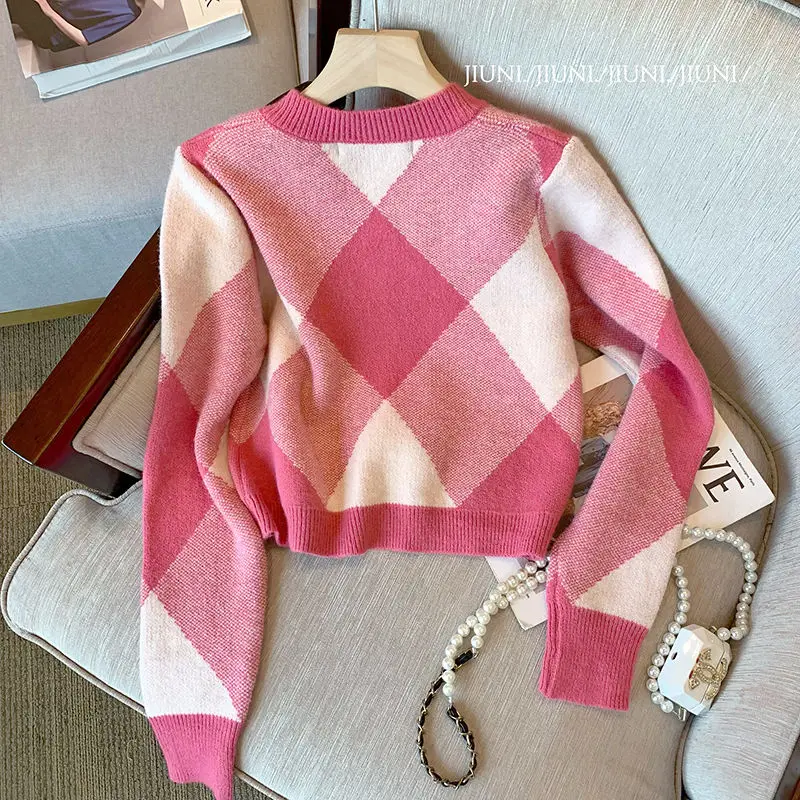 Sweet Checkered Knitted Cardigan for Women, Short Sweater, Pink Top, New Fashion Style, Spring and Autumn, 2024