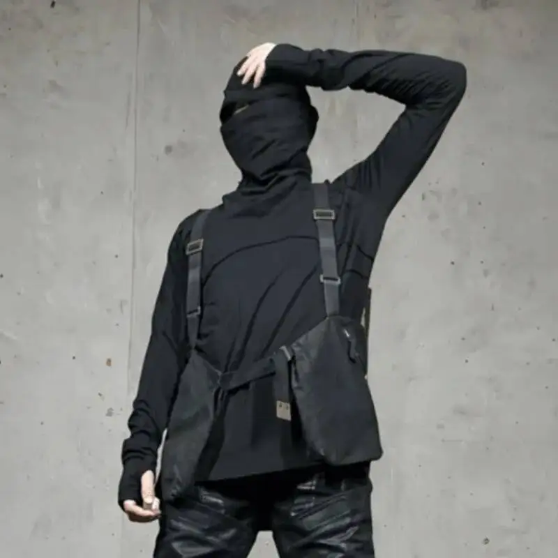 HKSH Spring Autumn New Men Tide Chic Waste Land Patchwork Hooded Dirty Dye Retro Slim Long Sleeve T-shirt Retro Tops Ins HK12750