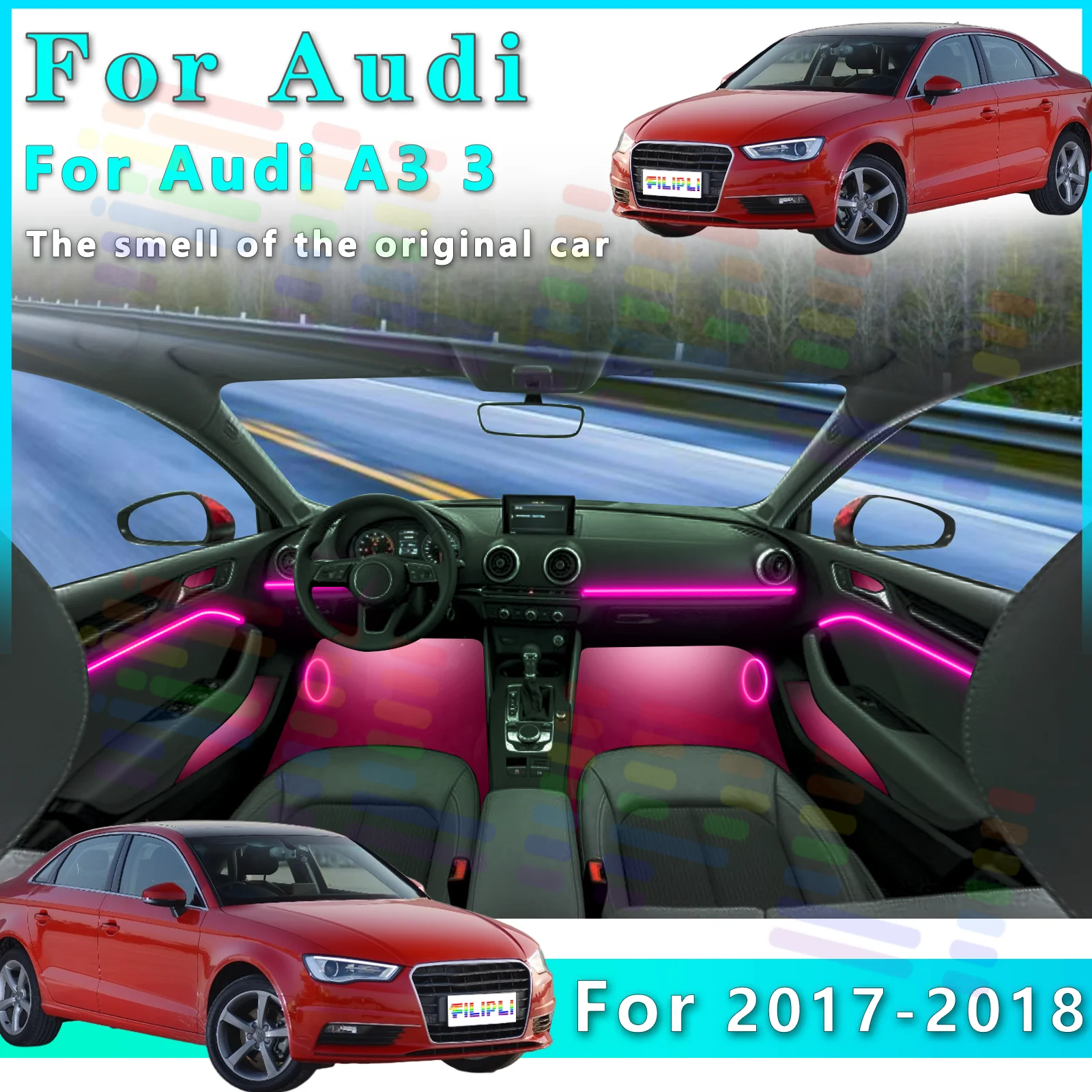 

Для Audi A3 2017-2018: Светодиодная RGB-подсветка салона, оптоволоконная неоновая невидимая атмосферная лента, декоративная подсветка с управлением через приложение