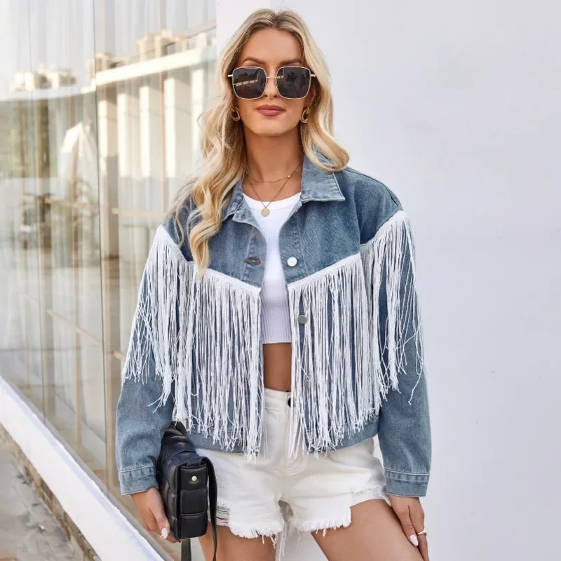 Women Denim Jacket Fall-Winter 2024 Vintage Fringed Short Coat Fashion Loose Lapel Single Breasted Cardigan Elegant Party Wear