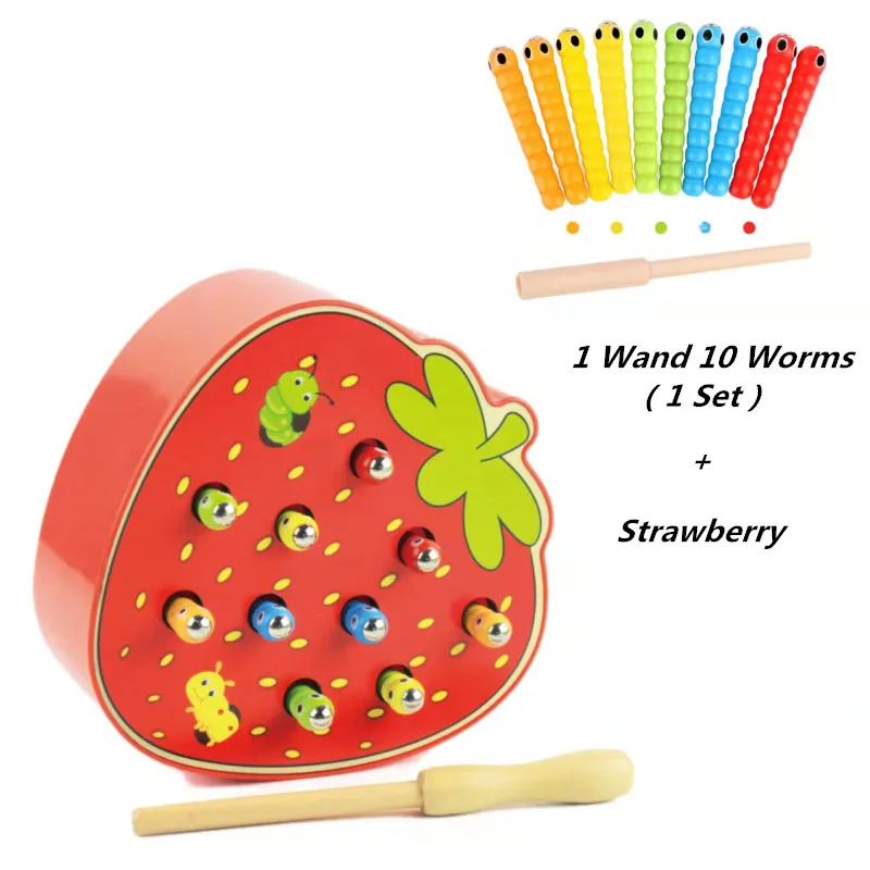 Funny Apple Shaped Catch Insects Game Toy And 1Wand+10 Worms Magnetic Wooden Toy Kid Toddlers Educational Intelligence Toys