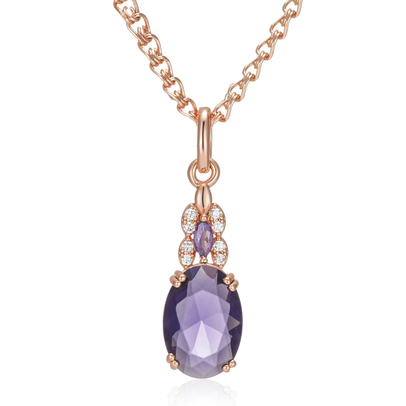 Kinel Sparkling Purple Oval Natural Zircon Pendant Necklace for Women 585 Rose Gold Color Pendant Vintage Party Daily Jewelry