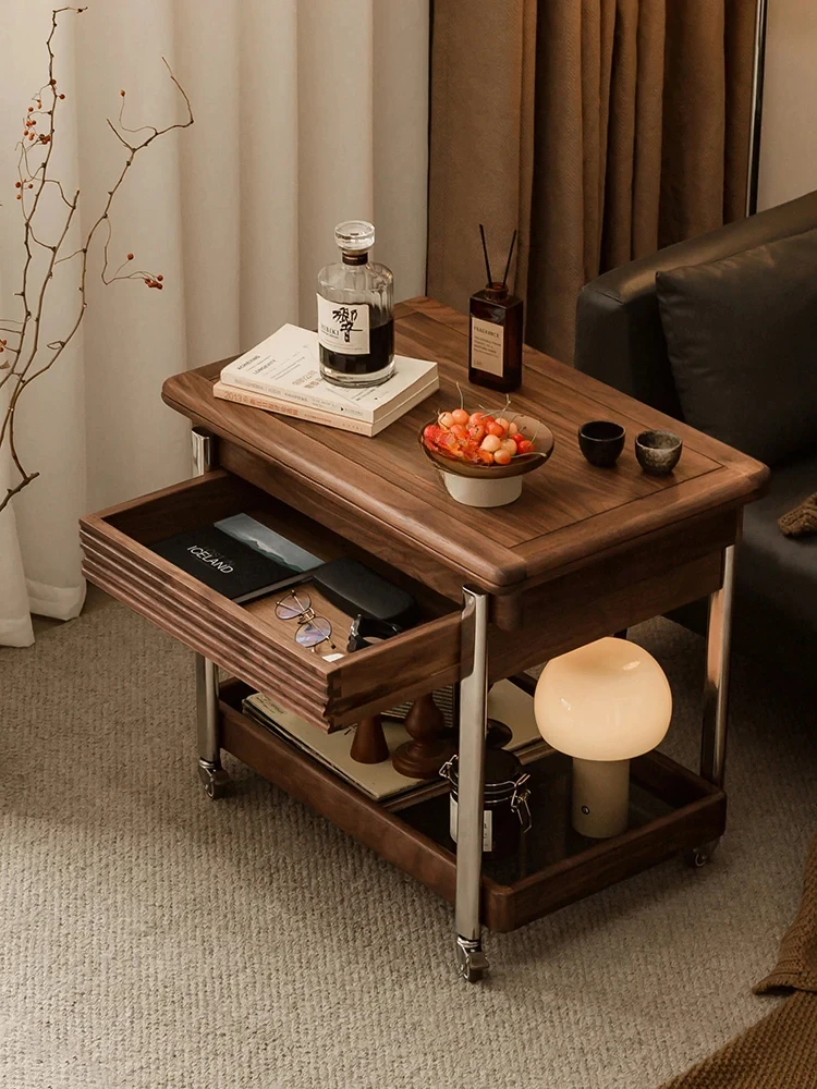 

Solid Wood Folding Movable Sofa Side Table Trolley Black Walnut Household Small Apartment Living Room
