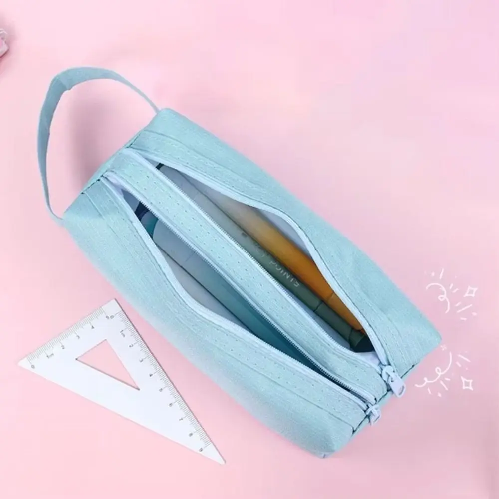 New Large Capacity Pencil Case Double Zippers Solid Color Pencil Pouch Waterproof Stationery Case
