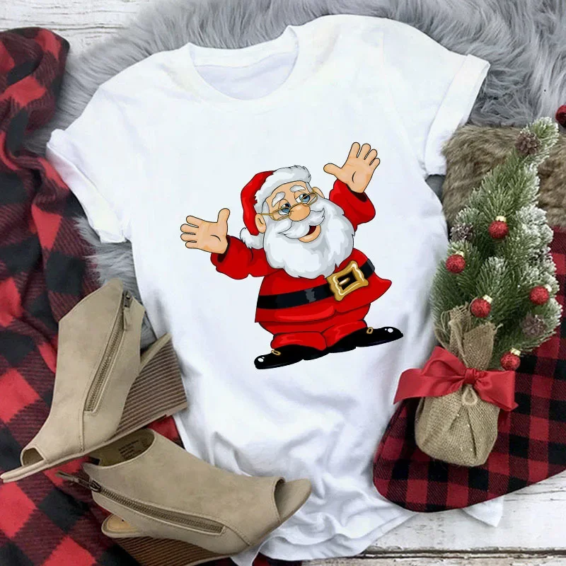 Cute Deer Wear Christmas For Women's White T-shirts Girl Harajuku Santa Claus Tops Suitable All Seasons Gifts Clothes Plus Size