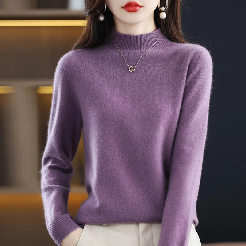 100% merino wool cashmere sweater women\'s sweater semi-high-necked long-sleeved pullover autumn and winter warm pullover top