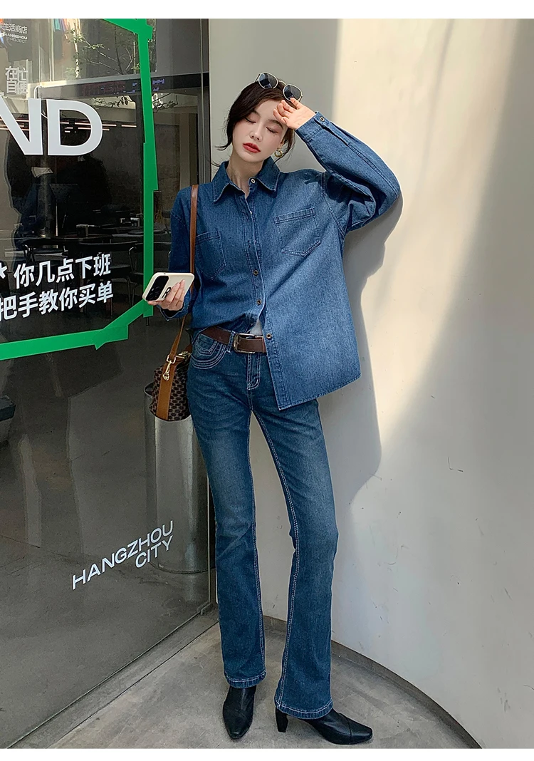 2024 new real shot large size vintage denim shirt Hong Kong flavor design shirt autumn long sleeve Korean version shirt coat