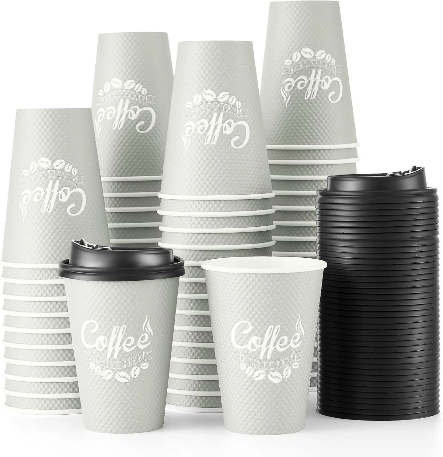 

100 Pack 12 oz Disposable Coffee Cups with Lids, Insulated Ripple Double-Walled Paper Coffee Cups for Hot Beverages, Col