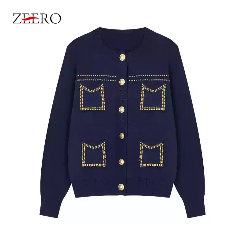 Autumn Winter Vintage Blue Knitted Multi Pockets Cardigans Jacket Women Slim Button Up O Neck Single Breasted Sweater Tops