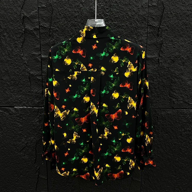 2025 الصيف فراشة الطباعة موضة الشيفون قميص طويل الأكمام الرجال النساء الكتف مبطن قمصان أنيقة غير رسمية