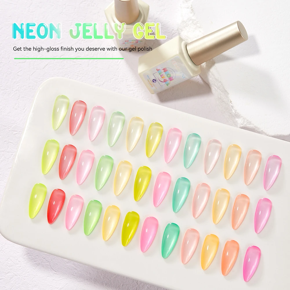 

Vendeeni 24 Colors/set Fluorescence Red Yellow Green Gel Nail Polish UV LED Transparent Crystal Nail Varnish With Color Card