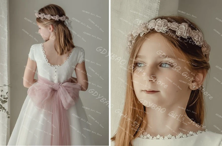 Ivory Flower Girl Dress For Wedding Kids High Waist Tulle Sashes Girls Princess  Communion Dress Customized Birthday Party Gown