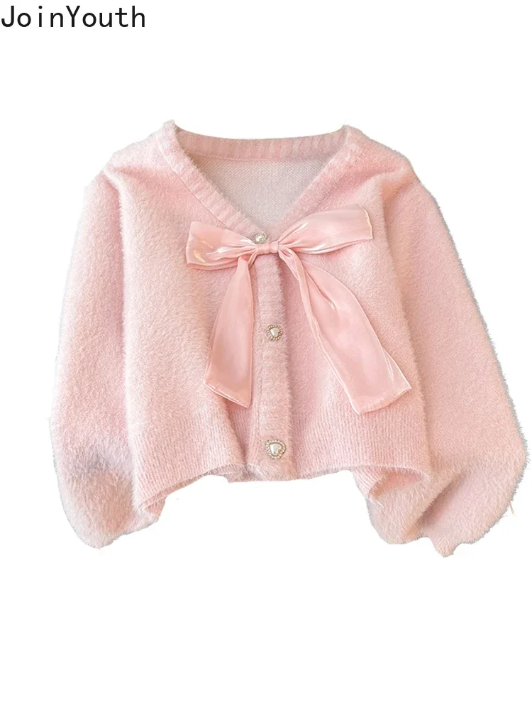 Pink Knitted Sweater Jackets Women Clothing Sueter Mujer V-neck Bow Sweet Pull Femme Fashion Korean Cropped Cardigan Tops 27z085