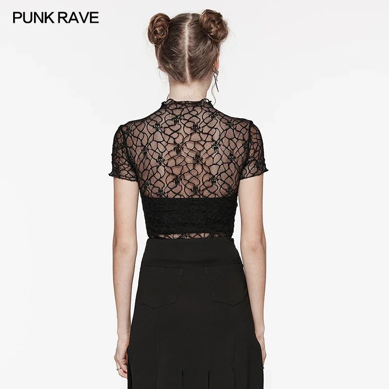 PUNK RAVE Women\'s Punk Daily Skull Mesh Short Sleeve Sexy T-shirt Gothic Black Hollow Out Tops Women Clothes Summer