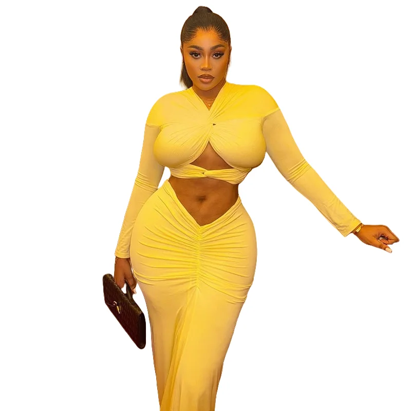 

Women's V-Neck Long Sleeve Hollow-out Crop Tops & Hips Wrapped Long Skirt, Pleated, Solid Color, Sexy, 2pcs Set
