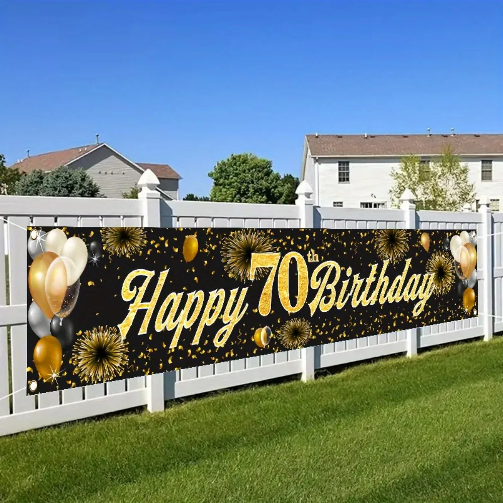 2D-Flachbanner zum 70. Geburtstag – schwarzer Glitzer-Text, Gedenkdekoration zum 70. Jahrestag, langlebige Partyflagge, geeignet für – Detail 1