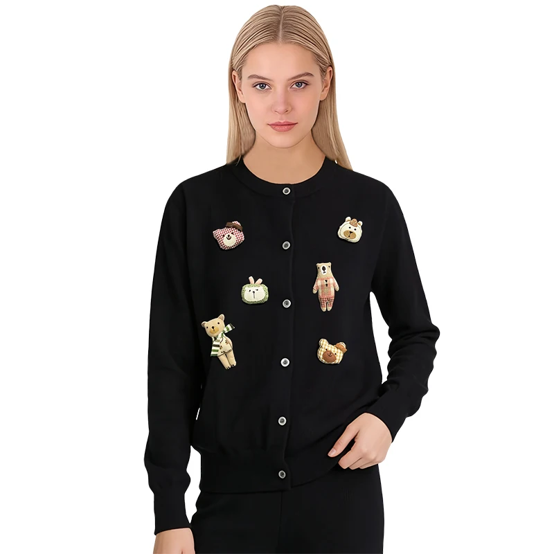 

Милая 3D прошитая брошь в виде медведя, женский шерстяной кардиган, весенне-осенний вязаный свитер с круглым вырезом, мягкий эластичный вязаный свитер на пуговицах с длинными рукавами