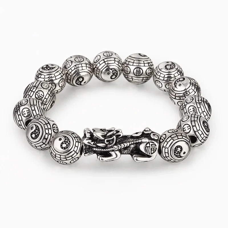 Feng Shui Men\'s Taiji Bagua Beads Bracelet Men Women Wristband Thai Silver Color Pixiu Wealth Good Luck Auspicious Jewelry Gifts