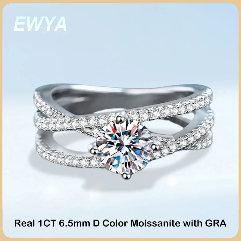 

EWYA Sparkling Real D Color 1CT Moissanite Rings For Women S925 Silver Plated 18K Gold Pass Diamond Test Ring Wedding Band Gift