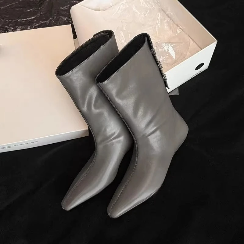 Rindsleder Herbst-Winter Neuer Stil Quadratischer Kopf Keilabsatz Ärmel im Stiefel Mode Kurze Stiefel für Damen – Detail 6