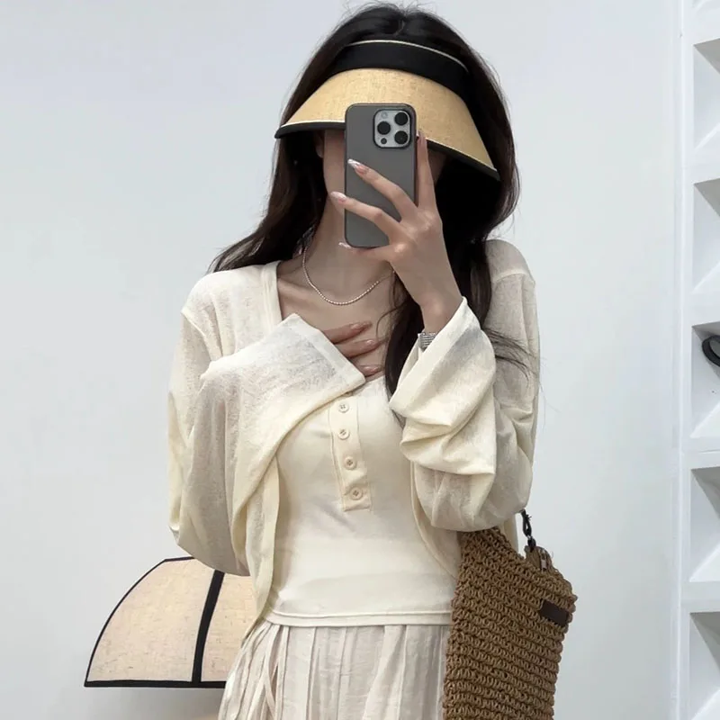 

Тонкий вязаный кардиган из ледяного шелка для женщин, летний, с длинным рукавом, солнцезащитный, для отпуска, пляжный, однотонный, укороченный топ