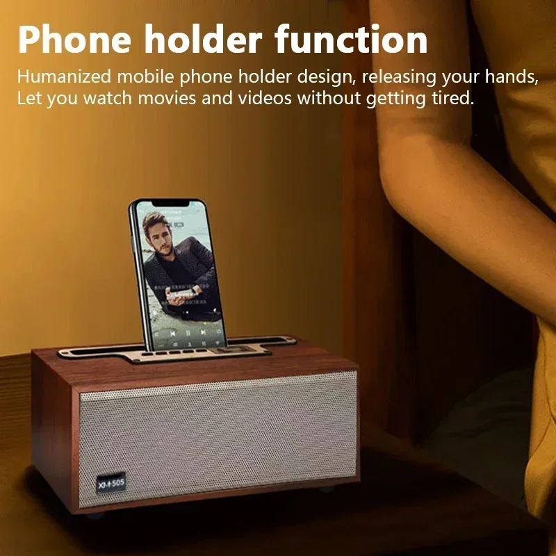 Wooden Bluetooth Speaker Multifunction TWS Wireless Subwoofer Remote Sound System Mobile Phone Holder Portable Desktop FM Radio