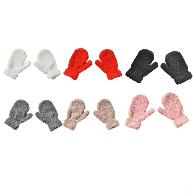 63HE Thick Plush Gloves Solid Color Crochet Gloves Soft Knitted Gloves for Kids