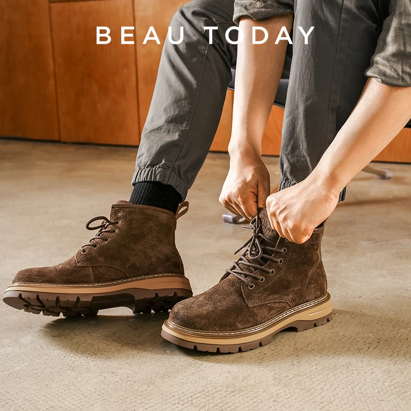 

BEAUTODAY Ankle Boots Men Cow Suede Leather Round Toe Lace-Up Closure Sewing Design Casula Outdoor Male Shoes 54276