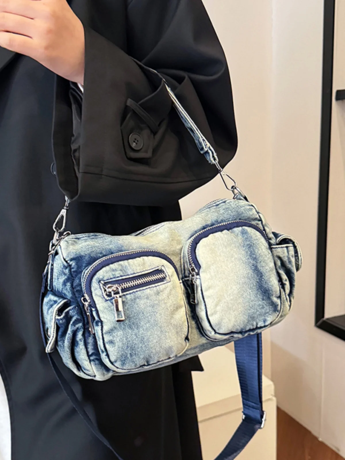 

Выцветшая джинсовая сумка в стиле ретро, женская мотоциклетная сумка на плечо с несколькими количествоми, винтажная универсальная сумка Sli