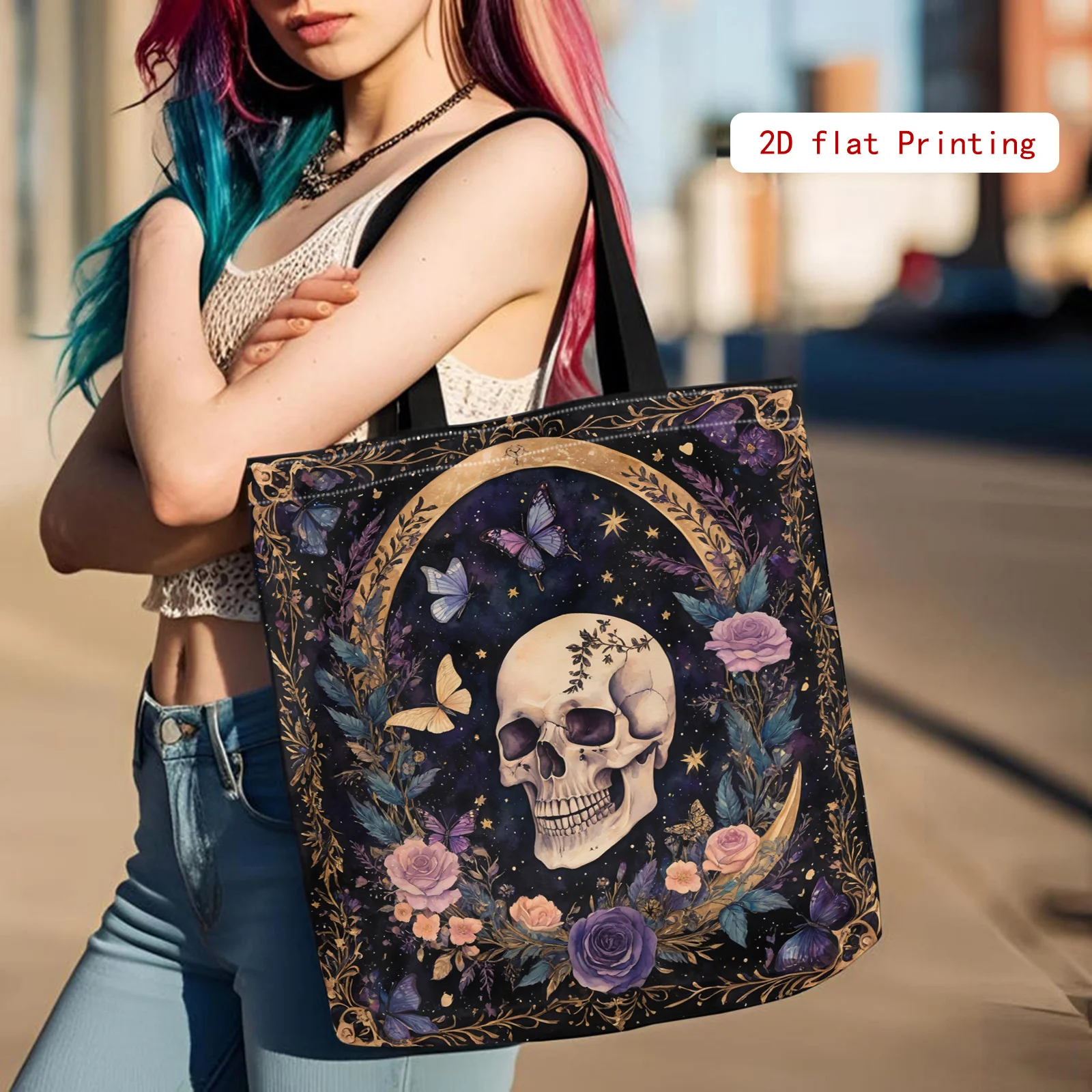 Gothic-Einkaufstasche für Damen – offene Geldbörse mit großem Fassungsvermögen, elegantem Totenkopf- und Blumenmuster (lila/schwarz/golden/) – Detail 3