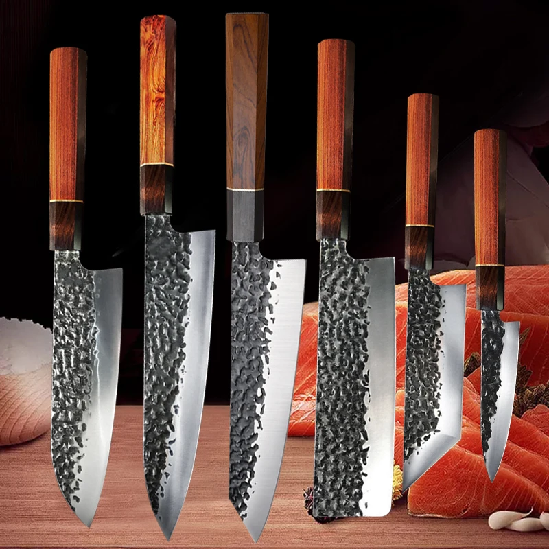 NONE Japanische Küchenmesser Gehämmertes Kochmesser 90Cr18MoV Edelstahl Santokumesser Fleischbeil Lachs Sushi Schneidemesser 8
