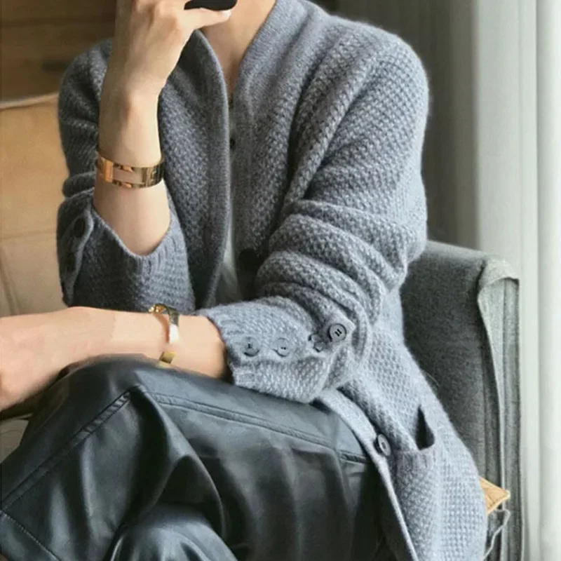 Autumn Winter New Thickened 100% Cashmere Wool Cardigan Women Stand Neck Sweater Sweater Loose Knit Base Wool Sweater Jacket