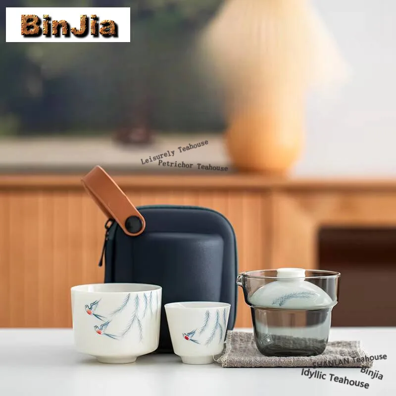 

Синий бамбуковый дорожный чайный набор ручной работы, винтажный 1 чайник, 2 чашки, чайный сервиз для путешествий, портативная Сумочка, чайные украшения, подарок