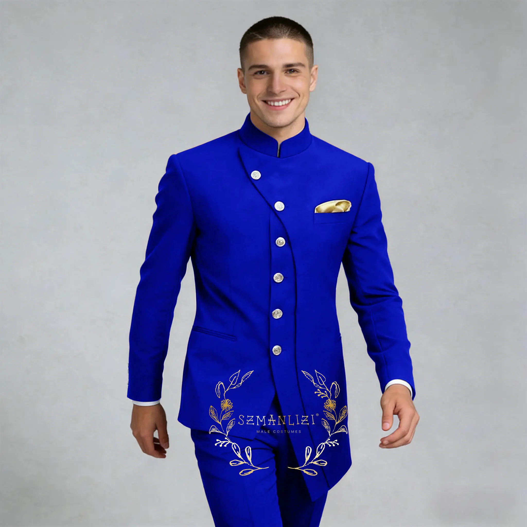 

Royal Blue Stand Collar Men Business Suits Groom Groomsman Wedding Party Formal Prom Male Tuxedos 2 Pieces Set Jacket Pants