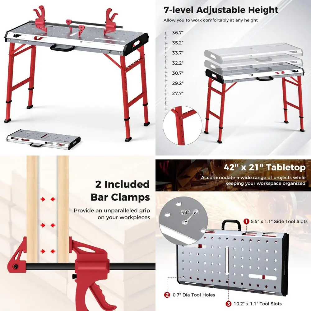 منضدة لحام قابلة للطي بارتفاع قابل للتعديل 42 × 21، سعة 1000 رطل، مشبكين، 8 فتحات أدوات، محمولة للاستخدام عالي التحمل #1