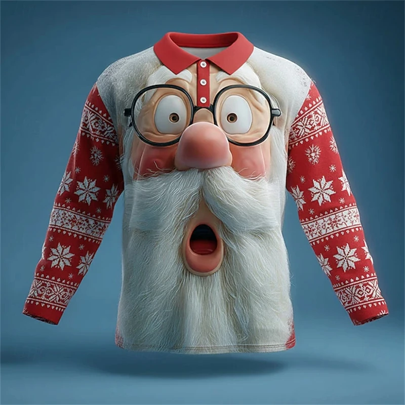 

2026 Новая рождественская мужская рубашка-поло с длинным рукавом с 3D принтом Санта-Клауса, осенние новые топы, футболки, модные повседневные мужские поло в уличном стиле