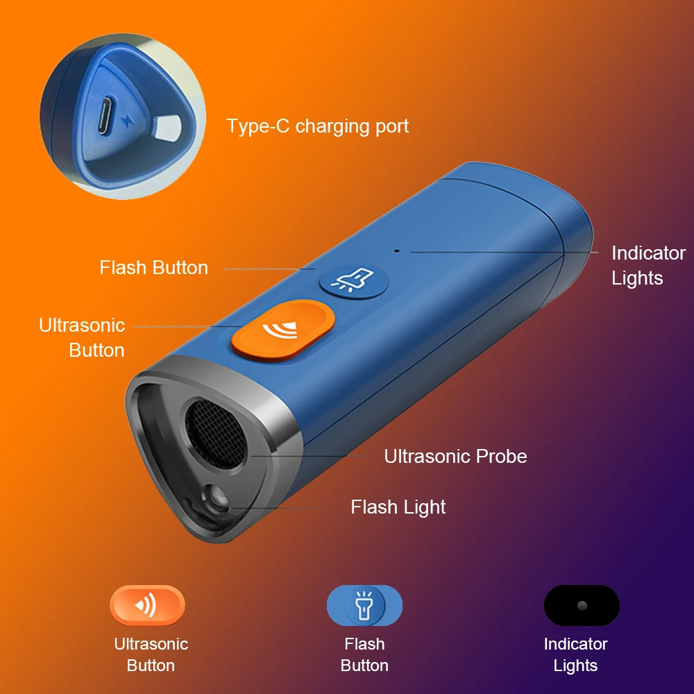 Ultrasonic Dog Repeller with LED Flashlight 16ft Rechargeable High Power Handheld Dog Training Equipment Bark Control Repellent
