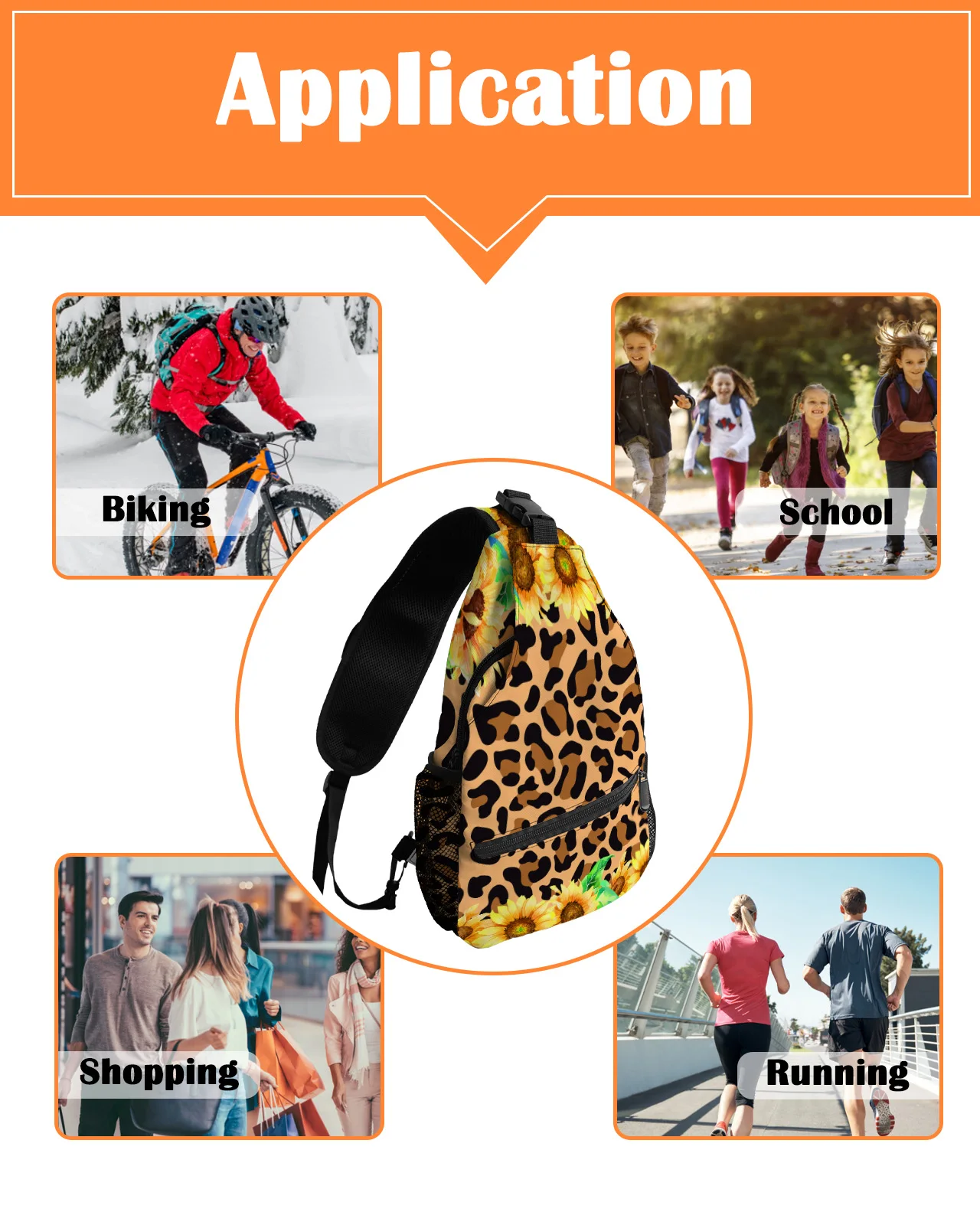 Bolsa peito impermeável para homens e mulheres, textura leopardo, girassol, casual, esportiva, bolsa de ombro, viagem, bolsa mensageiro