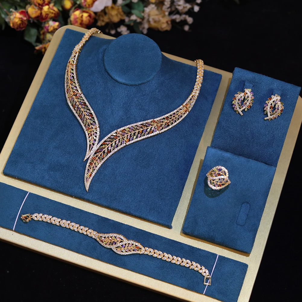 Luxury Cubic Zircon Leaf Shape Silver Color and Multicolor Bridal 4pcs Jewelry Sets Engagement Marry Wedding Accessories