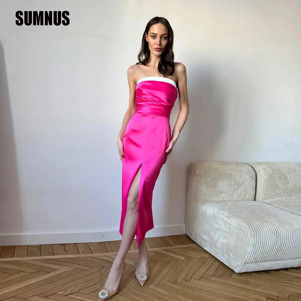 

SUMNUS Pink Patchwork Prom Dresses Strapless Sleeveless Arabic Split Evening Party Gowns for Lady Cocktail Event Dress Outfits