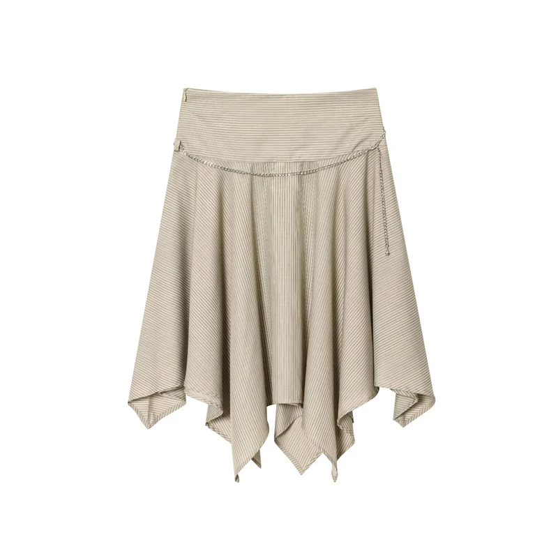 KEYANKETIAN 2025 delle nuove donne decorazione della catena gonna a righe stile francese cerniera laterale a vita alta irregolare una linea gonna centrale