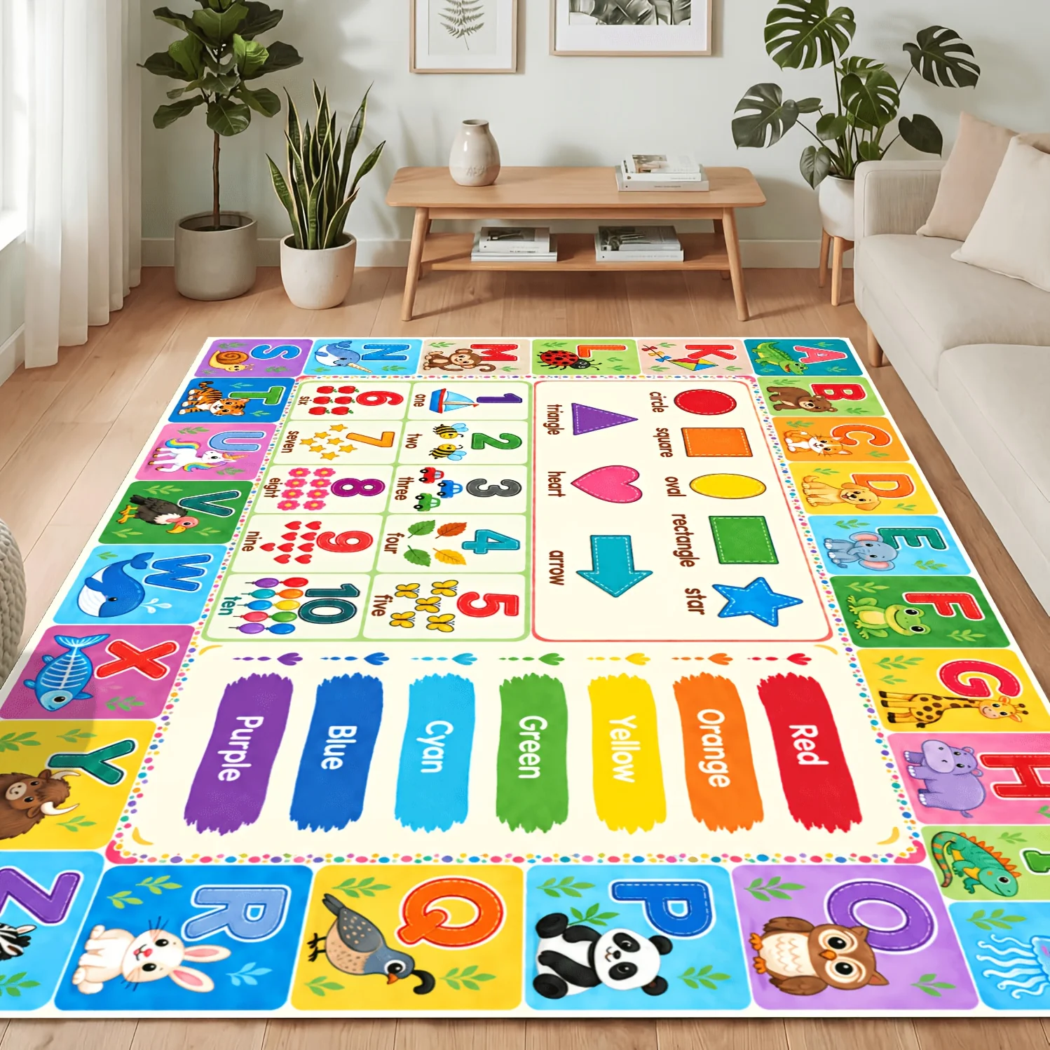 VIKAMA Kids Educational Area Rug Alphabet Number Shape Color Learning Cartoon Animal Print Non-Slip Washable Playroom Floor Mat